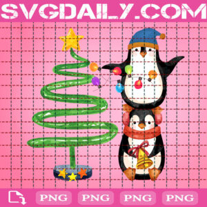 Christmas Penguins Decorating Tree Png, Christmas Tree Png, Penguins Png, Christmas Lights Png, Bells Png, Png Printable, Instant Download, Digital File