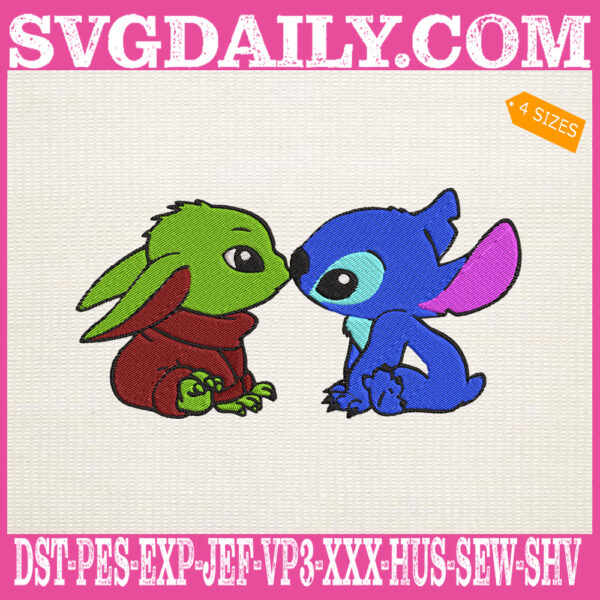 Baby Yoda And Stitch Kiss Embroidery Files, Disney Embroidery Machine, Baby Yoda Embroidery Design Instant Download