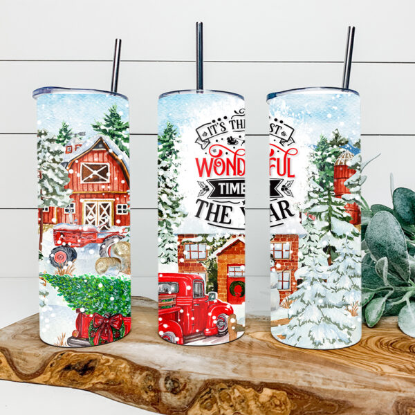 It's The Most Wonderful Time Of The Year 20oz Tumbler Skinny, Christmas 20oz Skinny Straight, Christmas Truck Full Tumbler Wrap