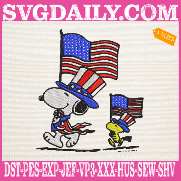 Snoopy 4th Of July Embroidery Files, Snoopy And Woodstock Holding American Flag Embroidery Machine, Independence Day Embroidery Design