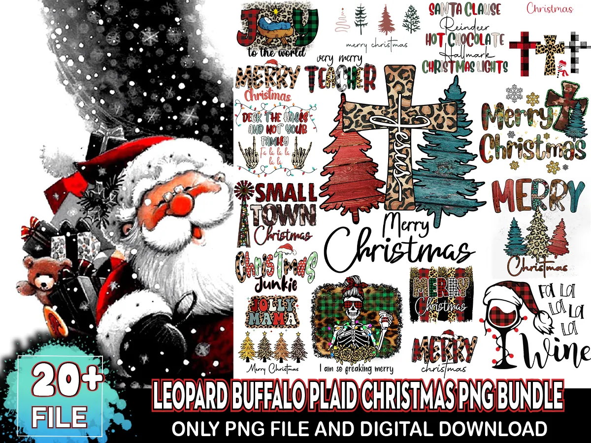20+ Files Leopard Buffalo Plaid Christmas Png Bundle, Merry Christmas Png 0