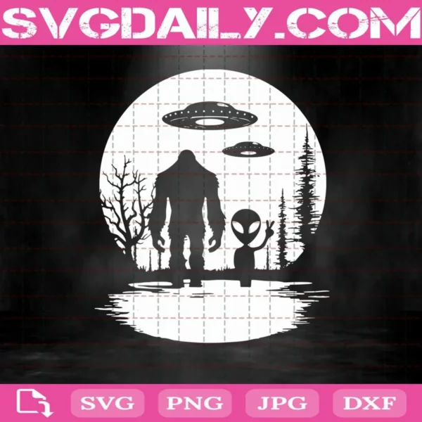Bigfoot And Alien Under The Moon Svg