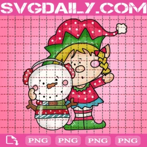 Bitty Girl Elf Loves Snowman Png