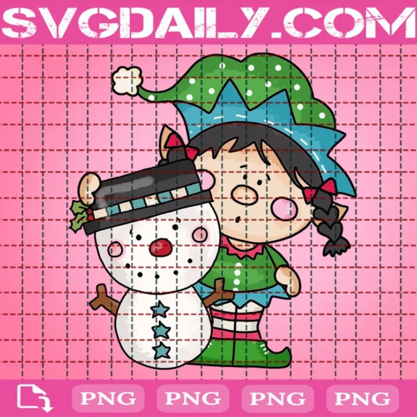 Bitty Girl Elf Loves Snowman Png