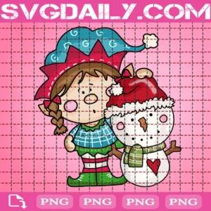 Bitty Girl Elf Loves Snowman Png