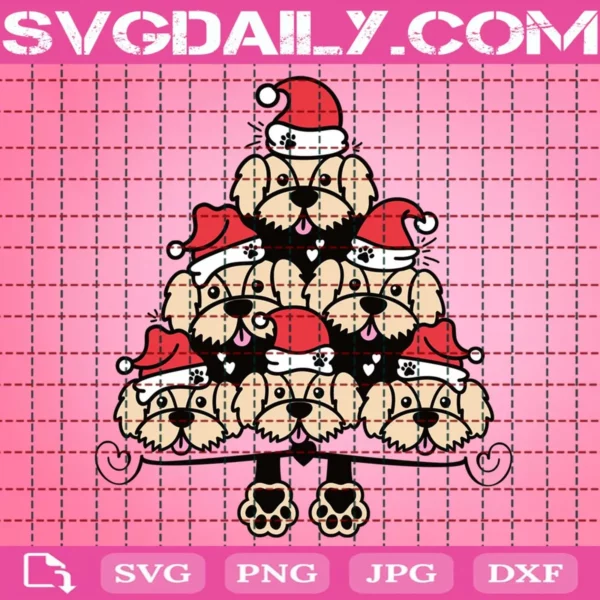 Dogs Wearing Santa Hats Christmas Tree Svg