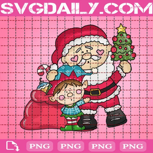 Santa Claus With Elf And Christmas Tree Png