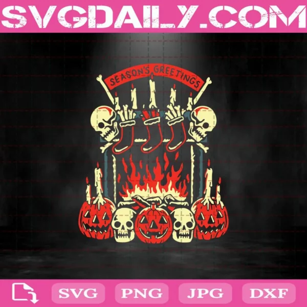 Season’S Greetings Horror Fireplace Skull Pumpkin Halloween Svg