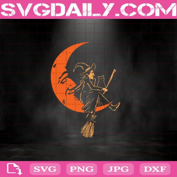 Witch With Broom Cat On Moon Halloween Svg