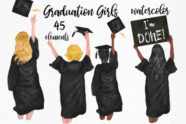 Graduation Clipart Watercolor Girls Png