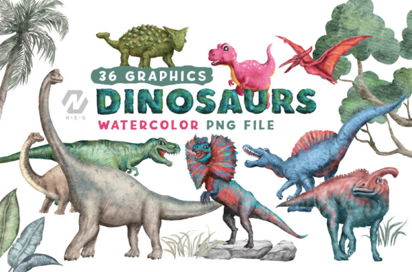 Cute Dinosaurs Watercolor PNG Clipart