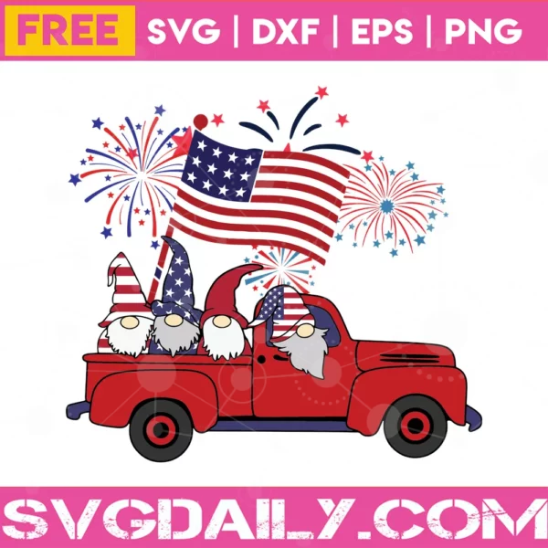 Free Gnomes In Truck Cute 4Th Of July Clipart Image, Svg Png Dxf Eps